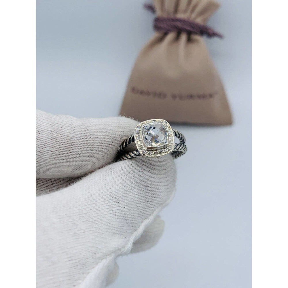 David Yurman Petite Albion Ring with White Topaz 7mm and Diamonds Size 8